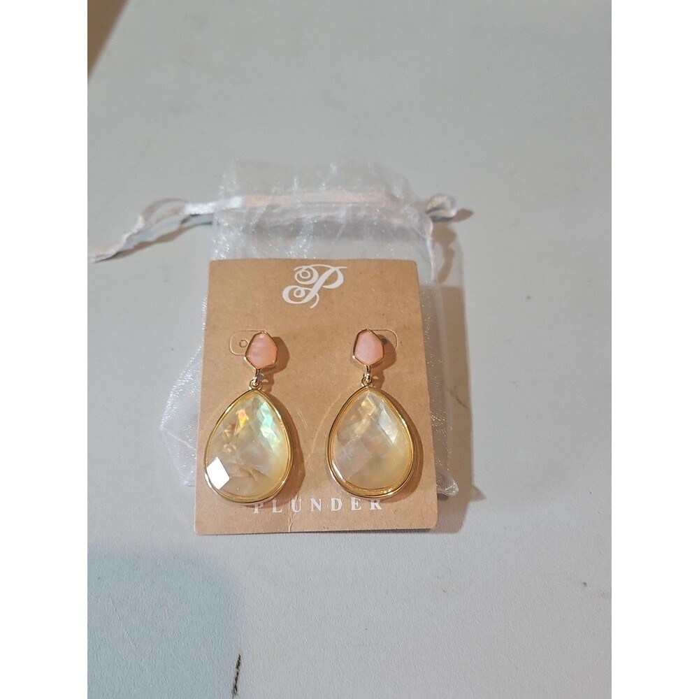 Plunder Earrings (new) PINK & WHITE TEARDROP -1.75" DROP (MADE OF NATURAL SHELL)